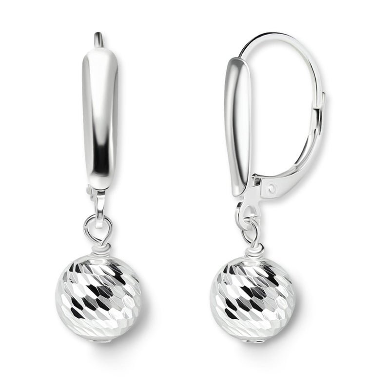 Sea of Ice Sterling Silver Ball Beads Leverback Drop Dangle Earingâ€“ Diamond-Cut 8mm Ball Beads - Elegant Sterling Silver Earrings for Women â€“ Nickel-Free Jewelry - Image 1
